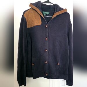 Vintage Ralph Lauren Blue Button Down Sweater with Elbow Patches